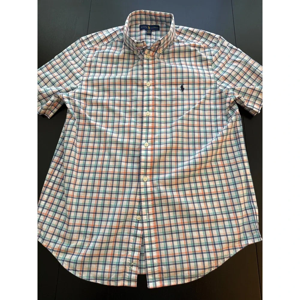 Ralph Lauren Boys Plaid Button-Up Size XL (18-20) Blue/Green Short Sleeve Cotton